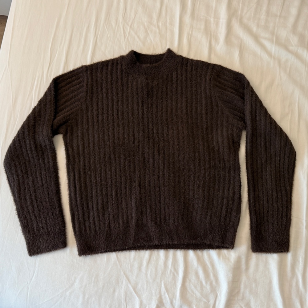 Fuzzy Ribbed Crewneck Sweater in Dark Brown